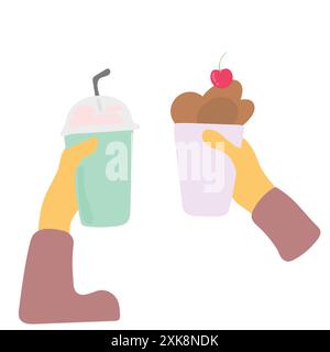 Hand hält Eiskaffee und Eis Illustration Vektor isoliert auf weißem Hintergrund Stock Vektor
