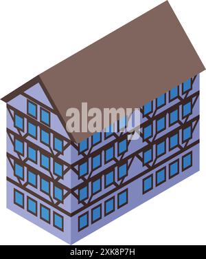 Traditionelles dreistöckiges Haus im deutschen oder elsässischen Stil mit sichtbaren Fachwerkwänden, isometrischer Illustration Stock Vektor