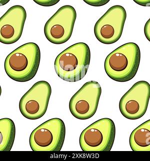Das Konzept der gesunden Ernährung, Keto-Diät. Avocado im Cartoon-Stil mit nahtlosem Muster. Flache Vektorabbildung für Druckgewebe. Stock Vektor