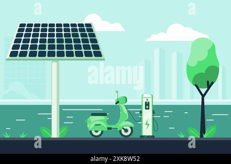 Solarbatterie und elektrische Roller laden am Wasser. Moderne Stadthäuser in der Ferne. Stock Vektor