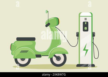 Ökologischer Stadtverkehr Illustration. Elektrischer Roller in grüner Farbe, der von der Ladestation geladen wird. Grüner Roller mit Cartoon, alternativer Energie Stock Vektor