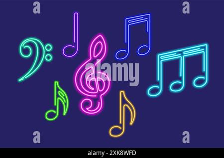Neon-leuchtendes Symbol mit farbenfrohen Noten. Vektorillustration einer Notennote, die aus Neonkonturen besteht. Illustration des Musikkonzepts für Poster, Fliege Stock Vektor