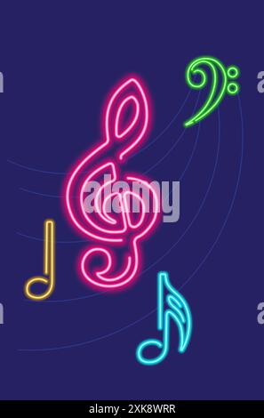 Neon-leuchtendes Symbol mit farbenfrohen Noten. Vektorillustration einer Notennote, die aus Neonkonturen besteht. Illustration des Musikkonzepts für Poster, Fliege Stock Vektor