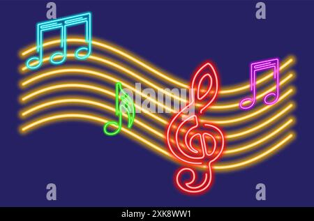 Neon-leuchtendes Symbol mit farbenfrohen Noten. Vektorillustration einer Notennote, die aus Neonkonturen besteht. Illustration des Musikkonzepts für Poster, Fliege Stock Vektor