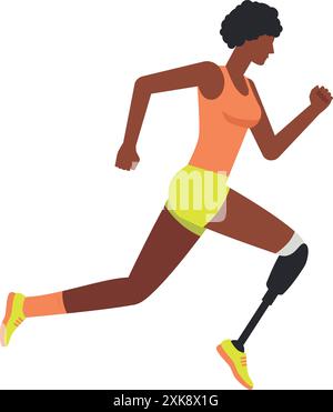 Illustration einer dunkelhäutigen Frau, die Wettkämpfe mit Beinprothesen in einem orangen Tanktop und grünen Shorts läuft. Lauf paralympic Athlet flach d Stock Vektor