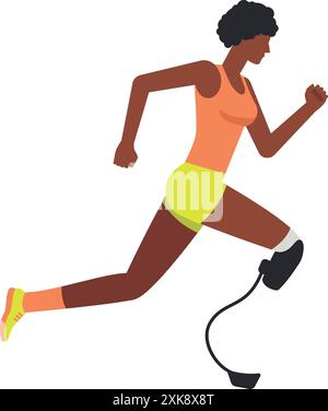 Illustration einer dunkelhäutigen Frau, die Wettkämpfe mit Beinprothesen in einem orangen Tanktop und grünen Shorts läuft. Lauf paralympic Athlet flach d Stock Vektor