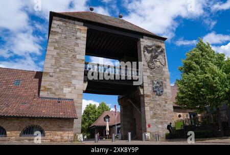 Schweigen Rechtenbach, Deutschland. Juni 2024. Blick auf das German Wine Gate. Das denkmalgeschützte Torgebäude ist das Wahrzeichen der Stadt und das Tor zur Deutschen Weinstraße. Sie wurde 1937 erbaut. Quelle: Hauke Schröder/dpa/Alamy Live News Stockfoto