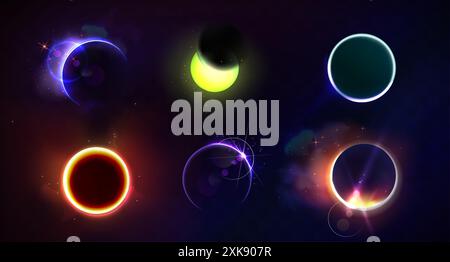 Totale und partielle Sonnenfinsternis mit verschiedenen Neonglühfarben auf dunklem Nachthimmel-Hintergrund. Realistische Vektor-Illustration Set der abstrakten Kosmos Sonne Corona mit Kreis und Sichel hellen Glanz. Stock Vektor