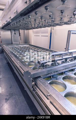 Industrielle Käsemaschine, die Quark in Formen in einer Molkerei presst Stockfoto