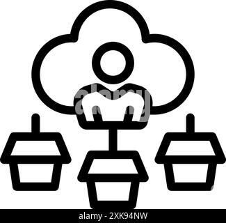 Liniensymbol eines Geschäftsmannes, der ein Cloud-Computing-Netzwerk mit verbundenen Geräten verwaltet und Datenspeicherung und -Zugriff darstellt Stock Vektor