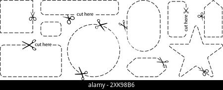 Symbol hier ausschneiden. Set aus Scheren, Schneideform, hier geschnittenes Papier, Symbol mit gepunkteter Linie für Ticket, Gutschein, Aktionscode. Stock Vektor