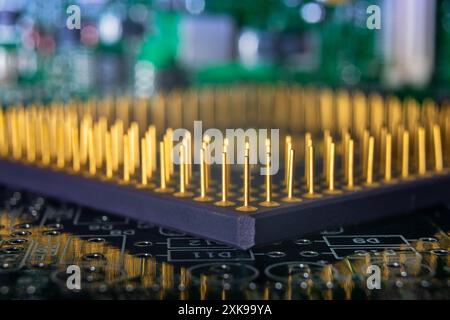 Detaillierte Nahaufnahme eines Computermikroprozessors mit goldenen Stiften auf einer grünen Leiterplatte, die Technologie und Elektronik zeigt. Stockfoto
