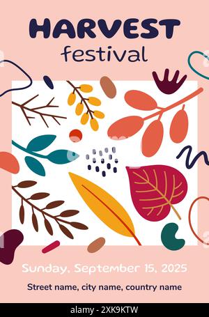 Harvest Festival Flyer mit abstrakten geometrischen Formen, Blättern. Plakat mit flachem Design. Werbeplakat, Karte, Banner, Faltblatt, Werbeaktion. Farmers Market Co Stock Vektor