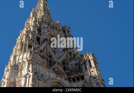 Wien, Österreich - 28. Oktober 2023 : Ein aufragender Turm des Stephansdom in Wien, Österreich, ragt in Richtung des hellblauen Himmels. Stockfoto