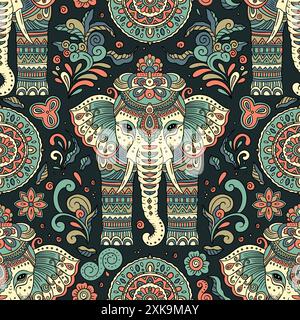 Verzierte indische Elefanten Vintage Tier niedliche nahtlose Muster Vektor Bohemian Illustration Stock Vektor