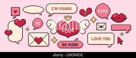 Satz von Pixelblasen, Herz mit Flügeln, rote Lippen, Dialogfelder in verschiedenen Formen. Chat-Frames und niedlicher Liebesaufkleber im 8-Bit-Retro-Stil. Pixeliger E-Mail-Umschlag, valentinstag-Symbole Stock Vektor