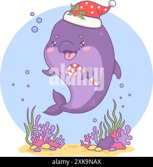 Süßer Weihnachtsdelfin mit Weihnachtsmütze mit gestreiftem Karamellstab. Unterwasserwelt und Urlaubstrickfilm kawaii Charaktertier. Vektorabbildung. Kind Stock Vektor