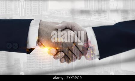 Doppelter Geschäftsdruck für einen erfolgreichen Investitionsabschluss und City Night Hintergrund, Teamwork und Partnerschaftskonzept. Hände für gemischte Medien Stockfoto
