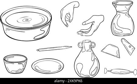 Töpferrad und Modellierungswerkzeuge schwarz-weiße Vektor-Illustration isoliert. Set aus Töpfervasen und Frauenhänden Tintenkontur handgezeichnet. Stapel Stock Vektor
