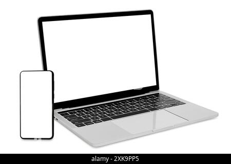 Modell bestehend aus Laptop, Smartphoneisolation auf weißem Hintergrund, Kopierraum. Moderne Technologie-Gadgets-Kit, responsive Design-Präsentationsvorlage Stockfoto