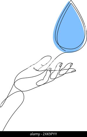 Durchgehende einzeilige Zeichnung der menschlichen Hand, die Wassertropfen hält. Blauer Flüssigkeitstropfen im Arm, mit einer Linie gezeichnet. World Water Day Konzept. Vektorillustra Stock Vektor