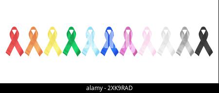 Bunte Farbbänder auf weißem Hintergrund. World Cancer Day Concept, 4. Februar. Gesundheitswesen und Medizinkonzept. Stockfoto