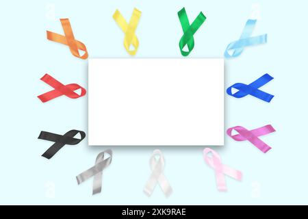 Bunte Farbbänder mit Platz für Text auf blauem Hintergrund. World Cancer Day Concept, 4. Februar. Gesundheitswesen und Medizinkonzept. Stockfoto