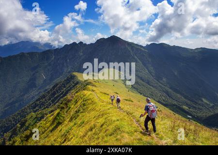 Drei männliche Wanderer (ältere), die auf einem grasbewachsenen Bergrücken in den italienischen Alpen spazieren. Stockfoto