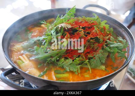 Koreanisches Essen, scharfe Suppe mit Fisch und Gemüse in einem Topf Stockfoto