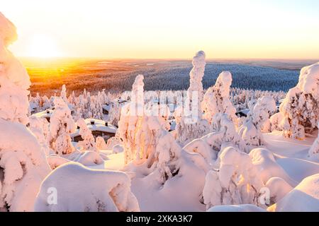 Schneebedeckte Berghütten in einem gefrorenen Wald bei Sonnenaufgang, ISO Syote, Finnland Stockfoto