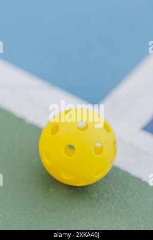 Gelber Pickleball am Rand des Platzes, Nahansicht mit Textur. Stockfoto