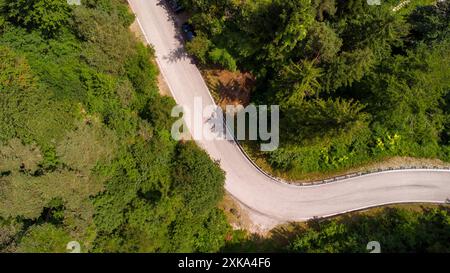 Lago di Ledro, Italien - 21. Juli 2024: Eine kurvige Straße schlängelt sich durch einen dichten Wald in der Nähe des Lago di Ledro in Italien. Aus der Vogelperspektive *** eine kurvige Straße windet sich durch einen dichten Wald nahe dem Lago di Ledro in Italien. Luftaufnahme Stockfoto