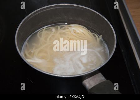 Tagliatelle, die selbst gekocht und in einer Pfanne auf einem Kochfeld gekocht werden Stockfoto