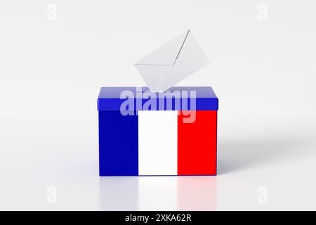 Wahlen und Wahlen in Frankreich. Französische Flagge auf einer Wahlurne. Stockfoto