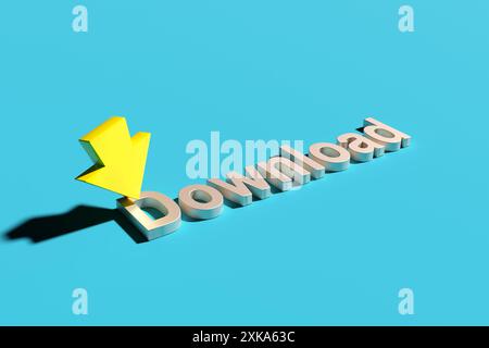 Online-Download-Konzept. 3D-Abbildung eines gelben Pfeils, der auf eine metallische Download-Schaltfläche auf blauem Hintergrund zeigt. Stockfoto