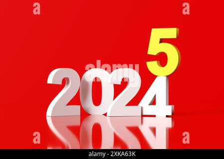 Neujahr 2025. Das Jahr 2024 wechselt zu 2025 mit einer gelben fünf auf rotem Hintergrund mit Reflexionen. 3D-Rendering. Stockfoto