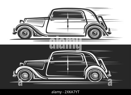 Vektor-Logo für Oldtimer-Auto, dekorative Automobil-Banner mit einfacher Illustration des eleganten historischen Autos in Bewegung, Kunstwerk des laufenden monochromen Designs Stock Vektor