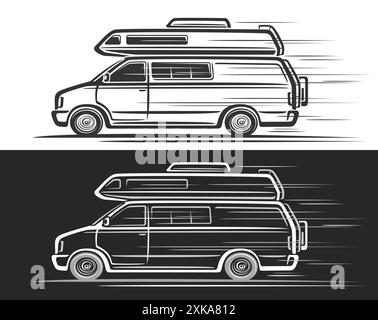 Vektor-Logo für Camper Van, horizontale Automobil-Banner mit Clip-Art-Illustration des monochromen klassischen Camper Van in bewegten, dekorativen Kunstwerken von Stock Vektor