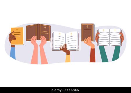 Die Menschen halten Bibeln und heilige Bücher aus der christlichen Religionsbibliothek, die das Leben jesu beschreiben Stock Vektor