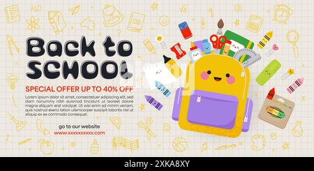 Back-to-School-Banner mit Schulbedarf. Flache Vektor-Illustration im niedlichen Kawaii-Stil Stock Vektor