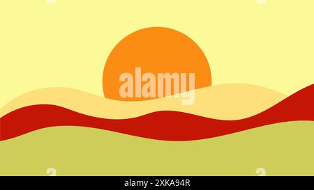 Abstrakter Sonnenhintergrund mit einer modernen und trendigen Landschaft mit einer stilisierten Sonne. Stockfoto