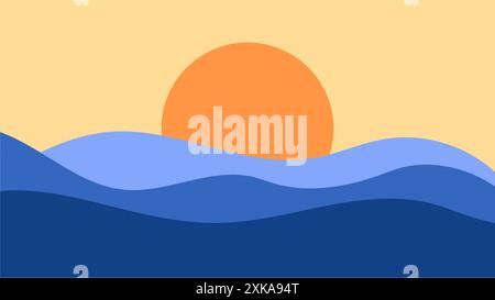 Abstrakter Sonnenhintergrund mit einer modernen und trendigen Landschaft mit einer stilisierten Sonne. Stockfoto