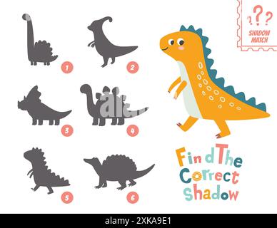 Süßes Fantasy-Drachenmonster, Dinosaurier, finde die richtige Schattenform. Kinder Bildung Puzzle Matching Spiel. Feenfeuer-Eidechse Reptiliencharakter. Stock Vektor