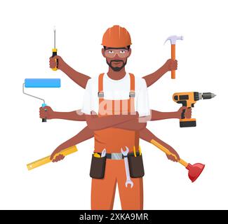 Schwarzer Handwerker mit mehreren Werkzeugen, Elektriker, Klempner, Zimmermann, Maler, Abbildung des Reparaturwerkzeugs, des Technikers Stock Vektor