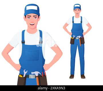 Handwerker Figur Illustration mit Mann trägt blaue Overalls stehend, isoliert auf weißem Hintergrund Vektor Illustration Stock Vektor