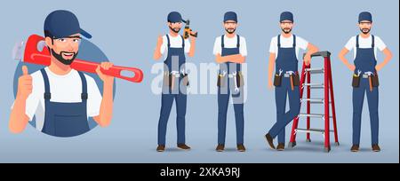 Handwerker, Wartungstechniker Charakter in verschiedenen Posen Vektor-Illustration Stock Vektor
