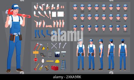 Handwerker, Reparaturarbeiter Charakterbau und Animationspaket, Wartungstechniker mit blauen Overalls, Mundanimation und Lippensynchronisierung, Turnaround Stock Vektor
