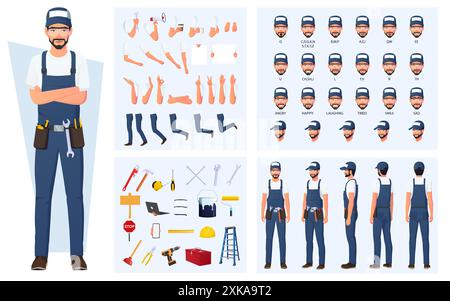 Handwerker, Reparaturarbeiter Charakterbau- und Animationspaket, Wartungstechniker trägt Latzhosen mit Werkzeugen, Ausrüstung, Mundanimation Stock Vektor