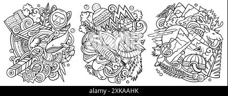 Alaska Cartoon Vektor Doodle Designs Set. Line Art detaillierte Kompositionen mit vielen Objekten und Symbolen des US State Stock Vektor