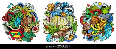Grenada Cartoon Vektor Doodle Designs Set. Farbenfrohe, detailreiche Kompositionen mit vielen Objekten und Symbolen aus Grenadian. Isoliert auf weißen Abbildungen Stock Vektor